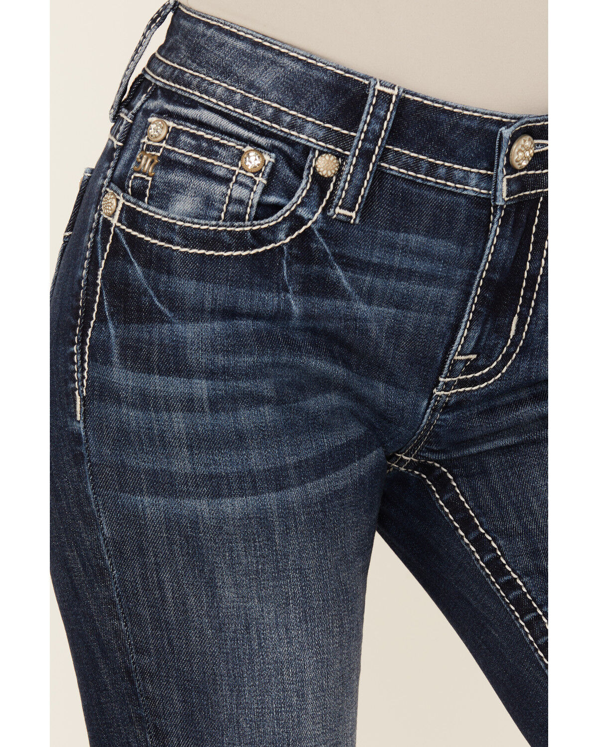 Image #4 - Miss Me Women's Dark Wash Mid Rise Faux Flap Pocket Bootcut Stretch Denim Jeans, Dark Wash, hi-res