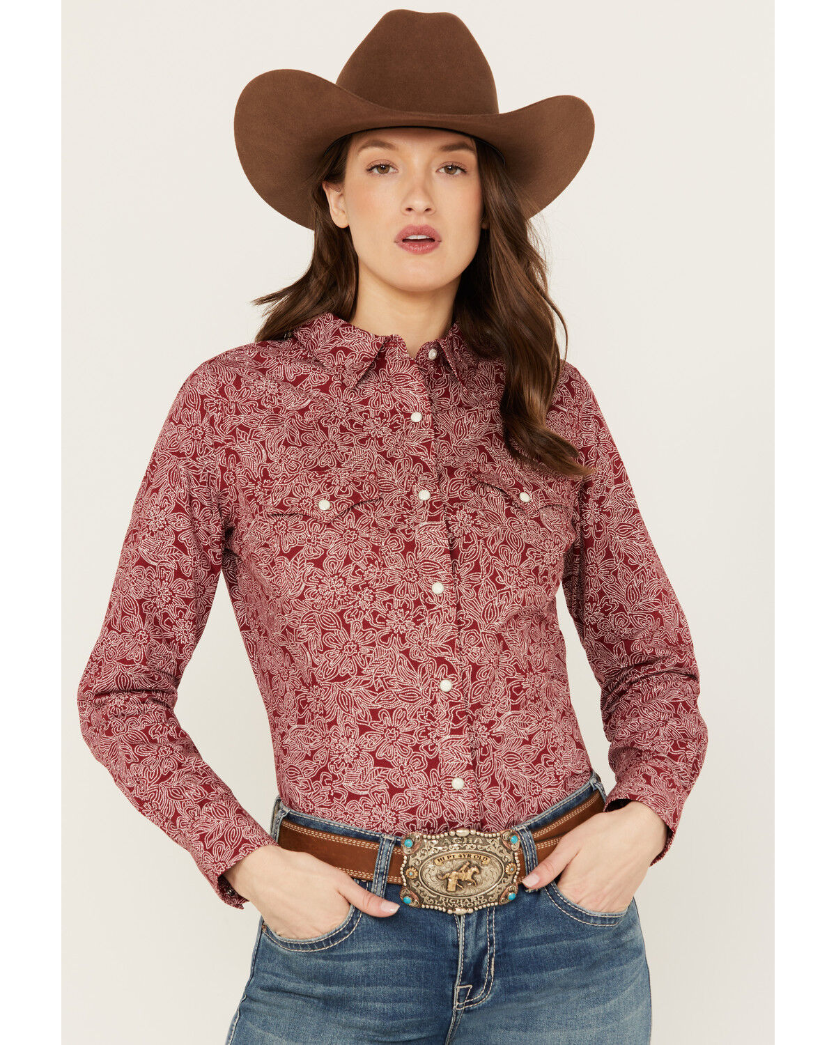 Image #1 - Wrangler Women's Floral Print Long Sleeve Snap Western Shirt, Red, hi-res