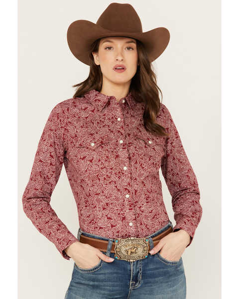 Wrangler Women's Floral Print Long Sleeve Snap Western Shirt, Red, hi-res