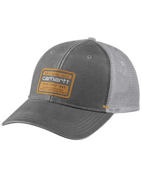 Carhartt Men's Quality Goods Logo Patch Canvas Mesh-Back Trucker Cap , Charcoal, hi-res