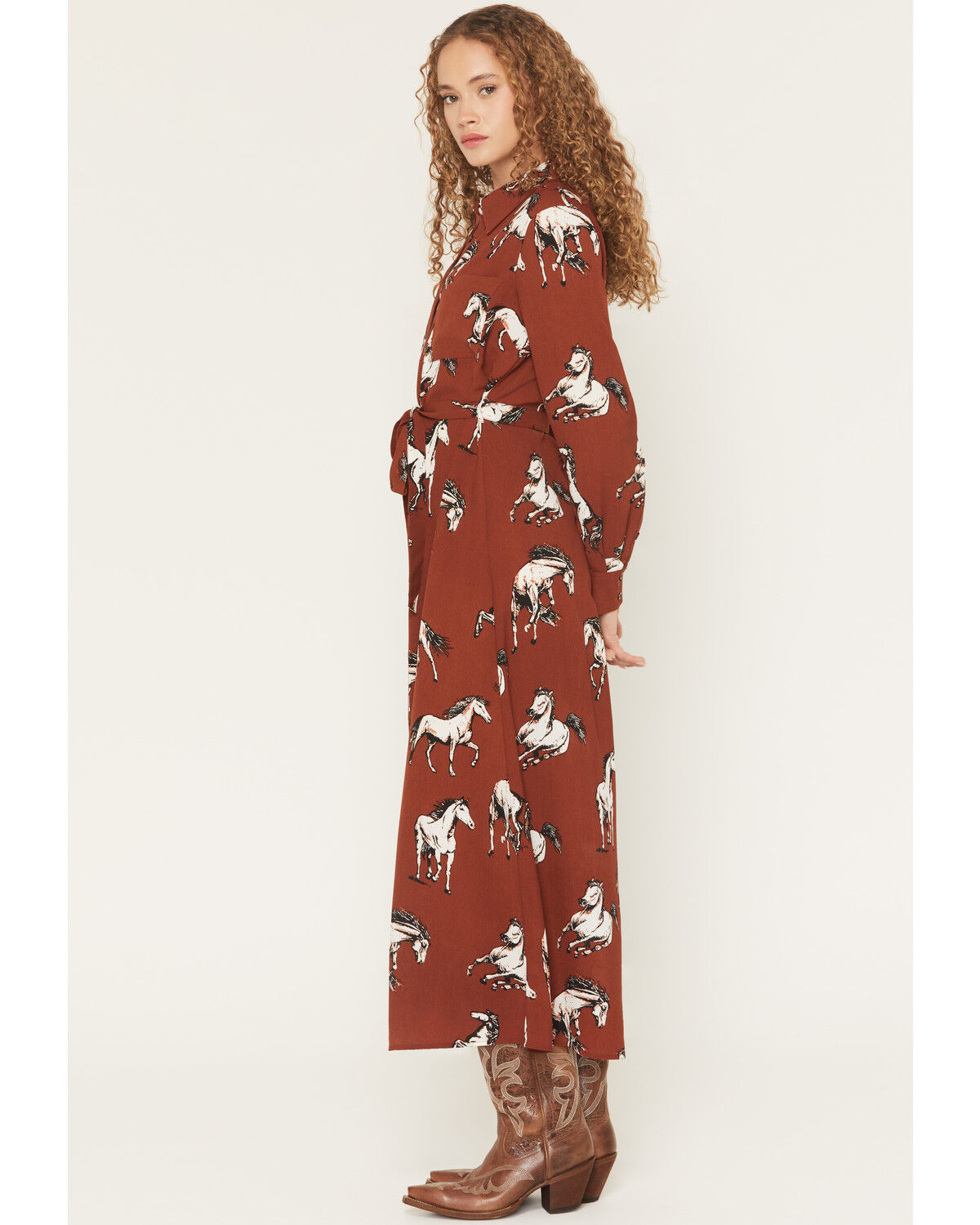 Image #2 - Cotton & Rye Women's Boot Barn Exclusive Horse Print Waist Tie Midi Dress, Black, hi-res
