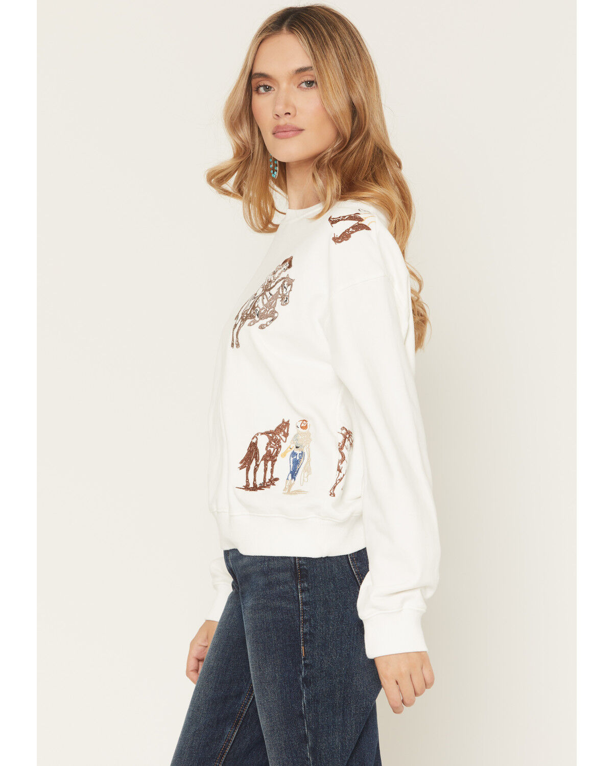 Image #2 - Blue B Women's Cowgirl Conversation Embroidered Crewneck, White, hi-res