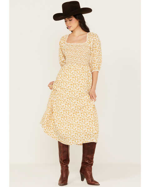 Image #1 - Yura Women's Floral Print Midi Dress, Mustard, hi-res