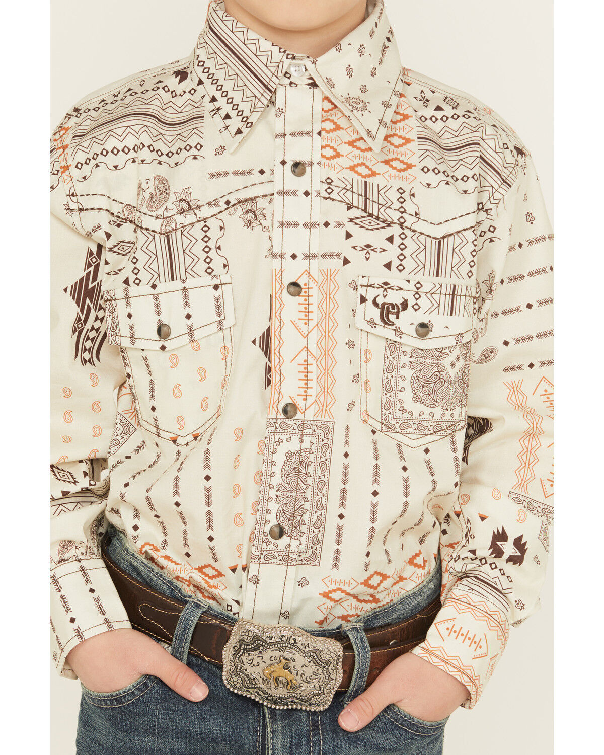 Image #3 - Cowboy Hardware Boys' Southwestern Bandana Print Long Sleeve Snap Stretch Western Shirt, Tan, hi-res