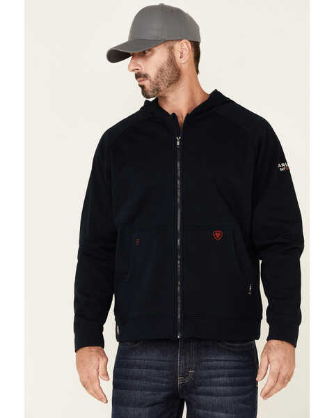 Image #1 - Ariat Men's FR Primo Fleece Alloy Flag Graphic Zip-Front Hooded Work Jacket , Navy, hi-res