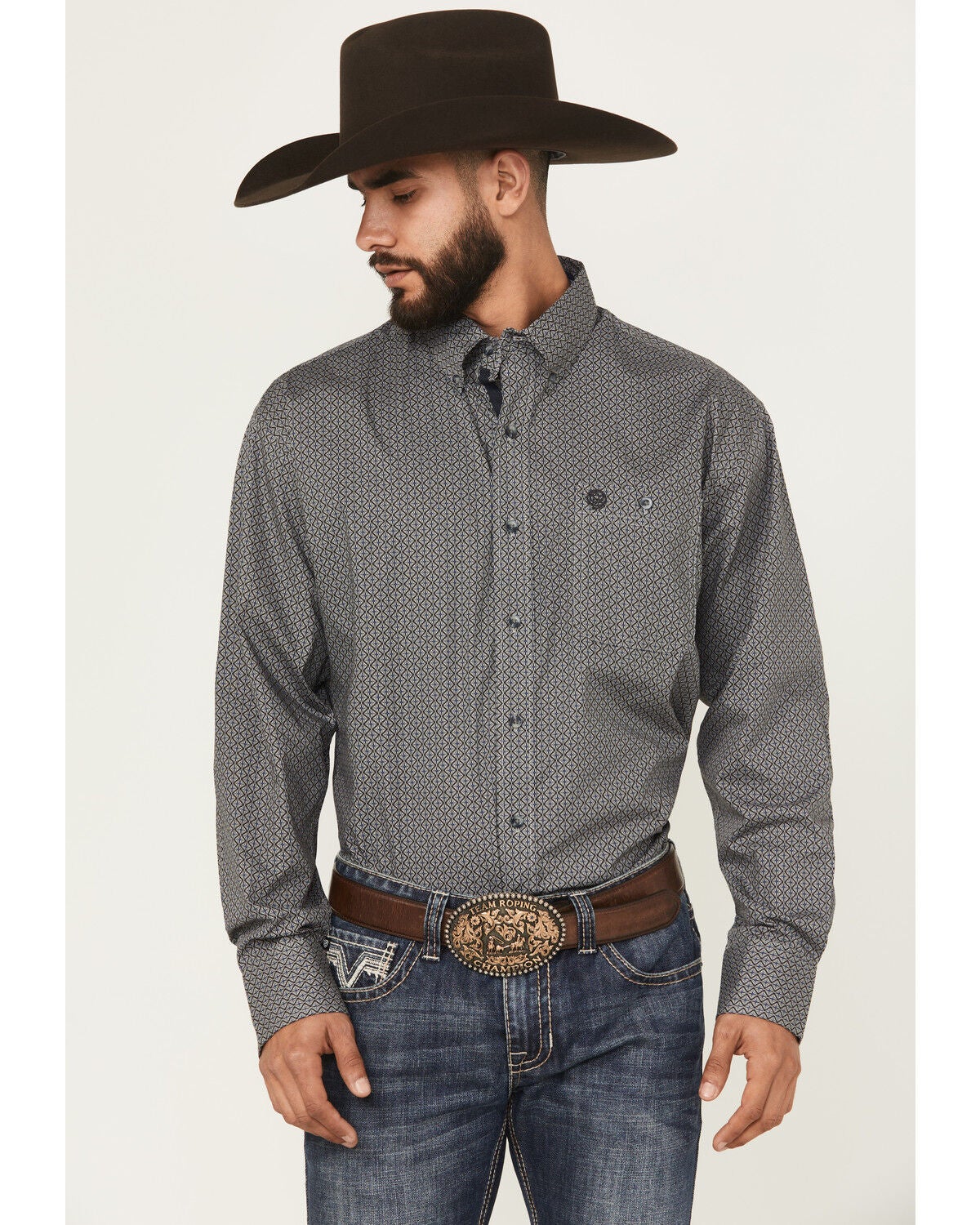 Image #1 - Wrangler Men's Micro Geo Print Long Sleeve Button-Down Western Shirt, Black, hi-res