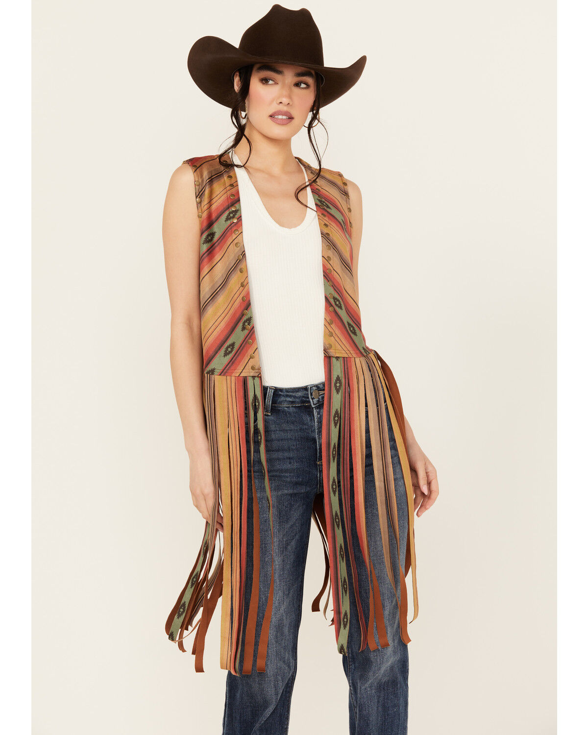 Image #1 - Scully Women's Serape Striped Print Fringe Vest, Tan, hi-res