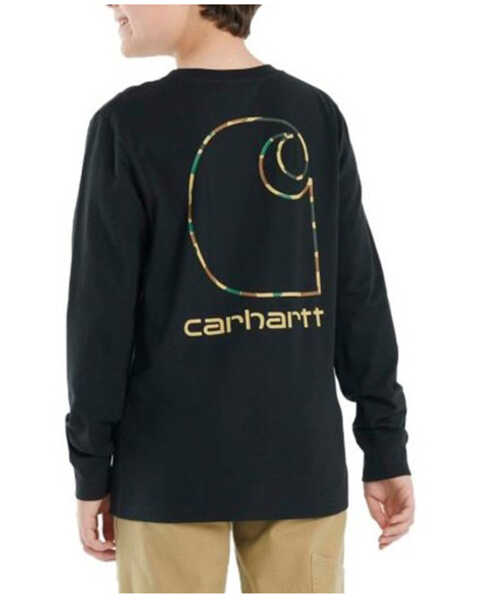 Carhartt Boys' Camo Print Logo Graphic Long Sleeve Pocket T-Shirt, Caviar, hi-res