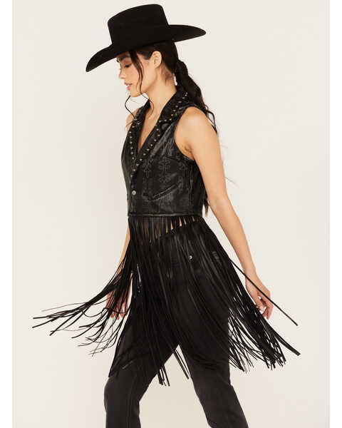 Image #2 - Rock & Roll Denim Women's Embellished Long Fringe Vest , Black, hi-res