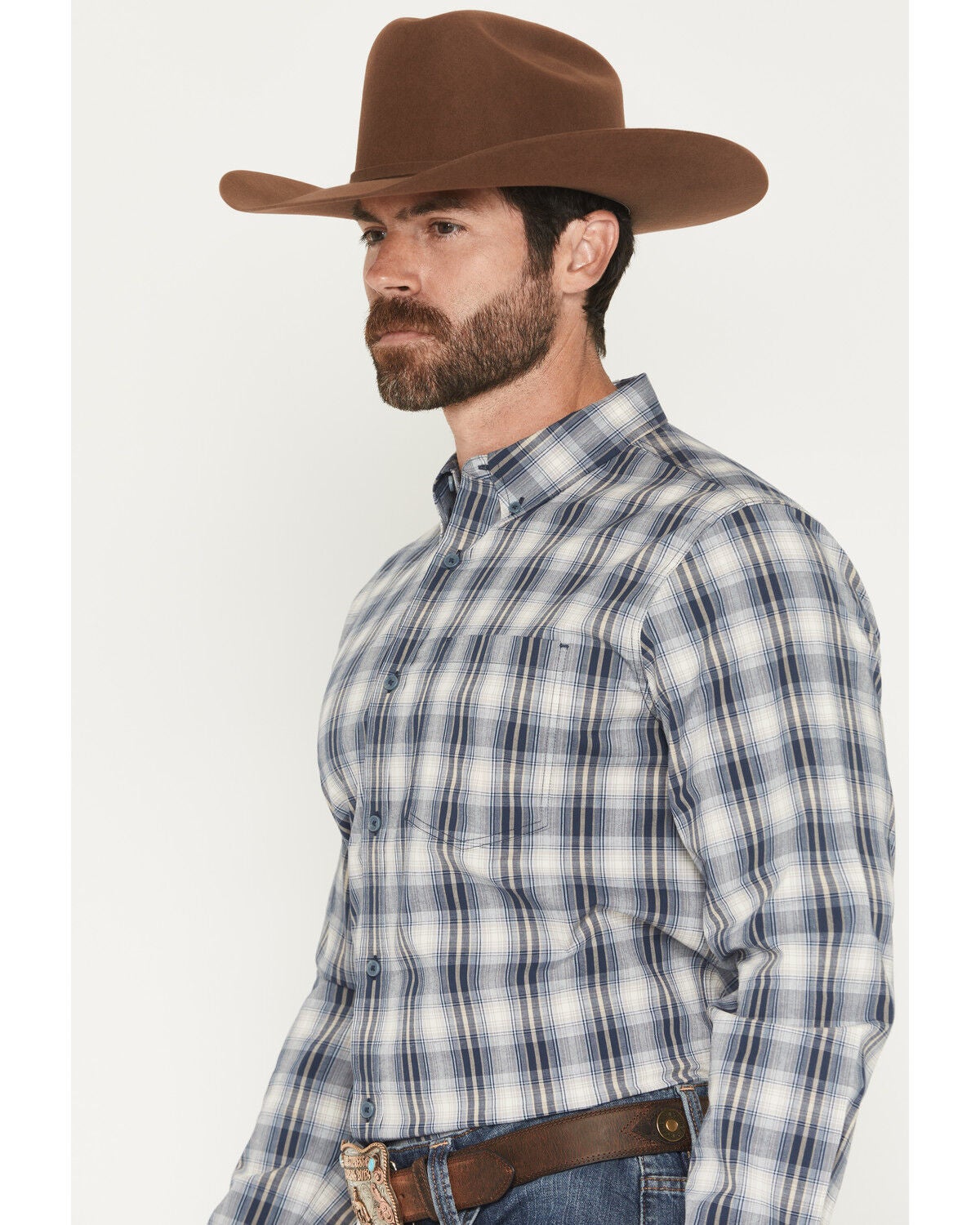 Image #2 - Cody James Men's Tennessee Trail Plaid Print Long Sleeve Button-Down Stretch Western Shirt, Blue, hi-res