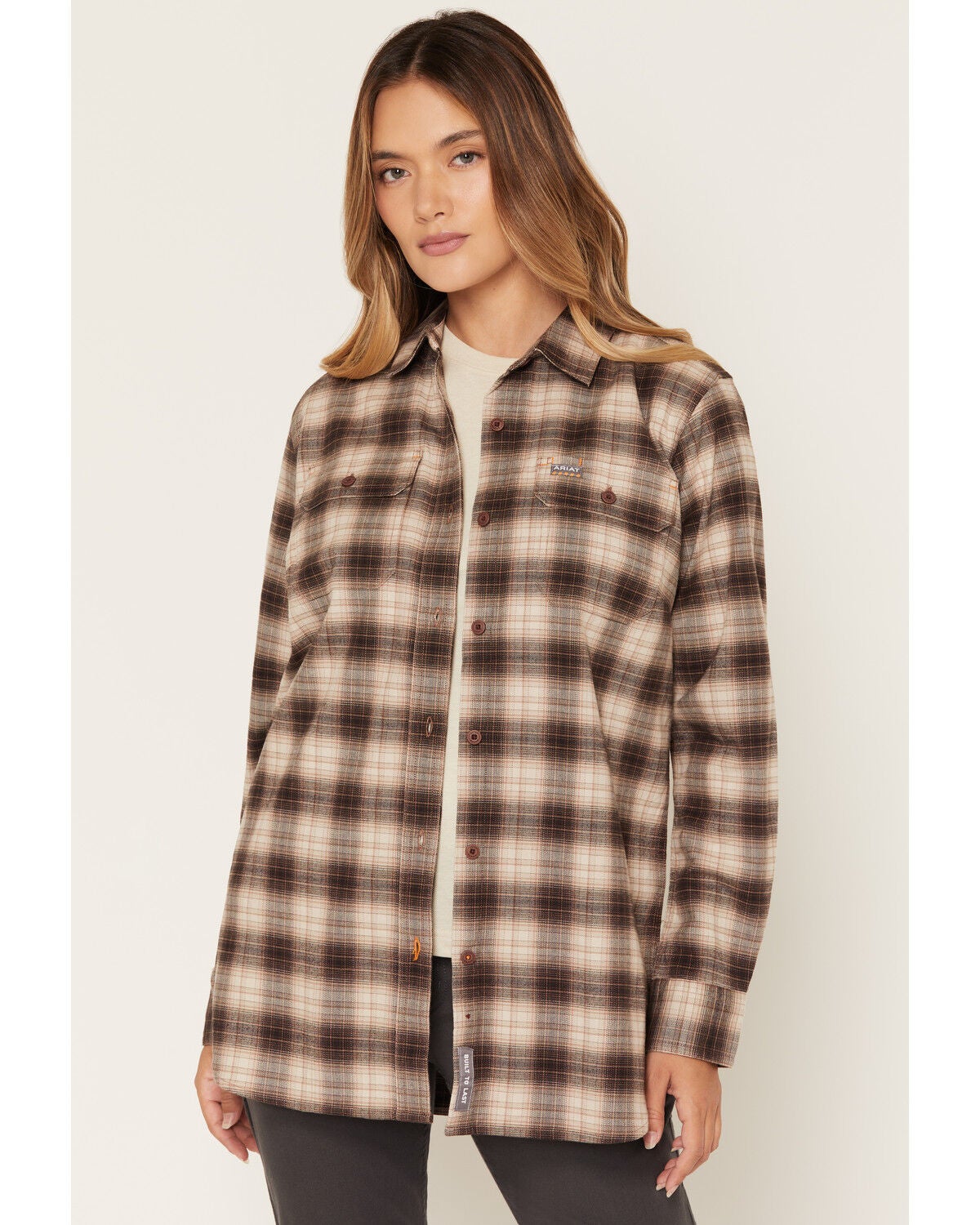 Ariat Women's Durastretch Plaid Print Long Sleeve Button-Down Flannel Work Shirt, Grey, hi-res