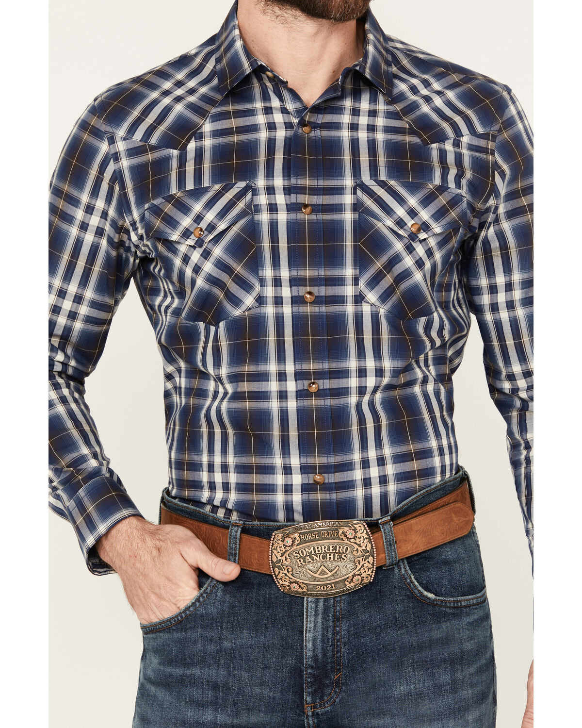 Image #3 - Pendleton Men's Frontier Plaid Print Long Sleeve Snap Western Shirt, Navy, hi-res