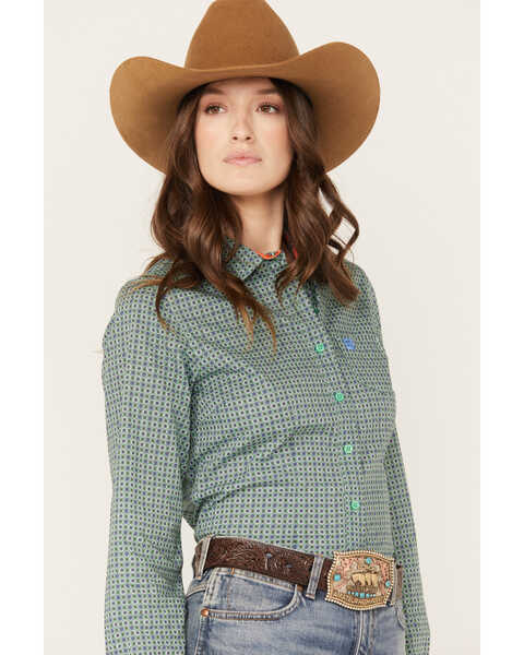 Image #2 - Cinch Women's Geo Print Long Sleeve Button Down Western Shirt, Green, hi-res