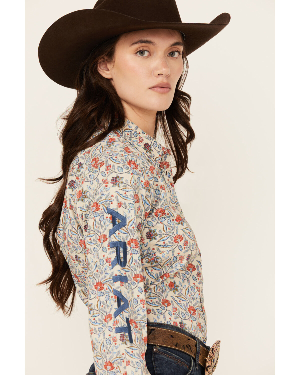 Image #2 - Ariat Women's Boot Barn Exclusive Team Kirby Floral Print Long Sleeve Button-Down Western Shirt, Beige, hi-res