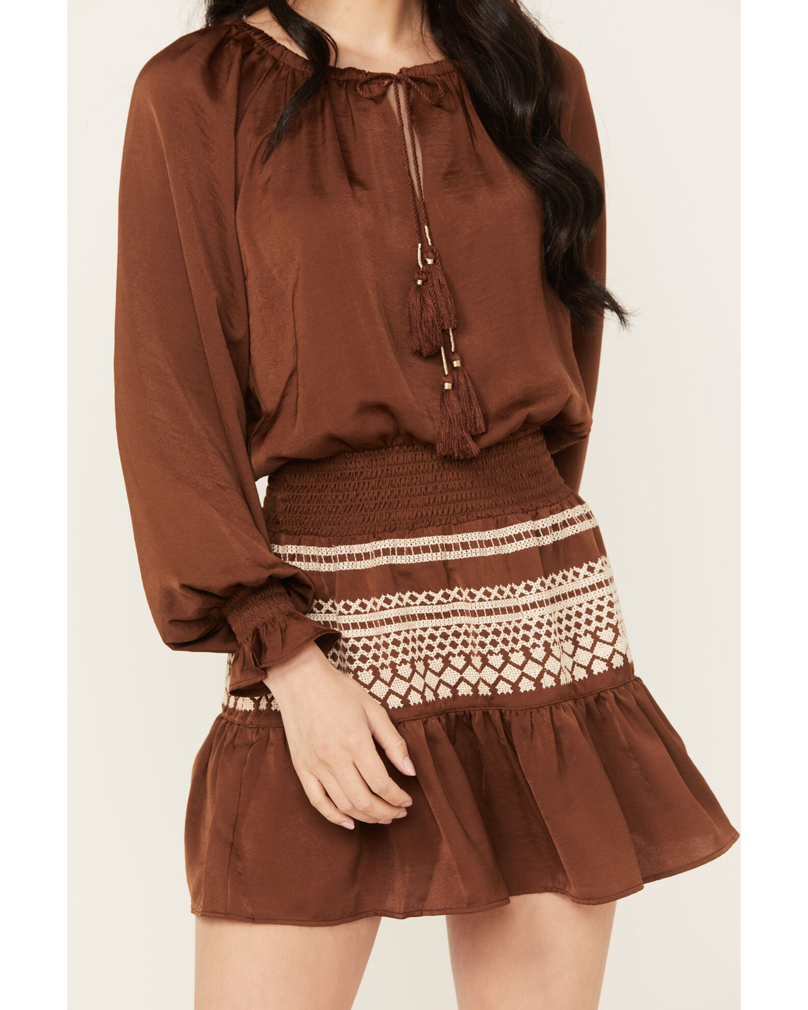 Image #3 - Shyanne Women's Satin Peasant Mini Dress, Dark Brown, hi-res