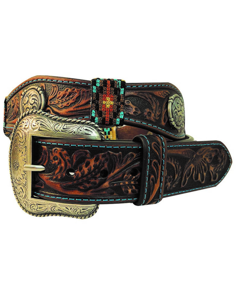  Roper Men's Scalloped Round Dome Concho Tooled Buckle Belt , Brown, hi-res