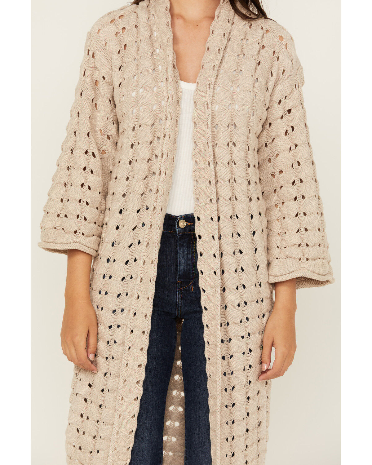 Image #3 - Shyanne Women's Solid Open Knit Duster, Beige, hi-res