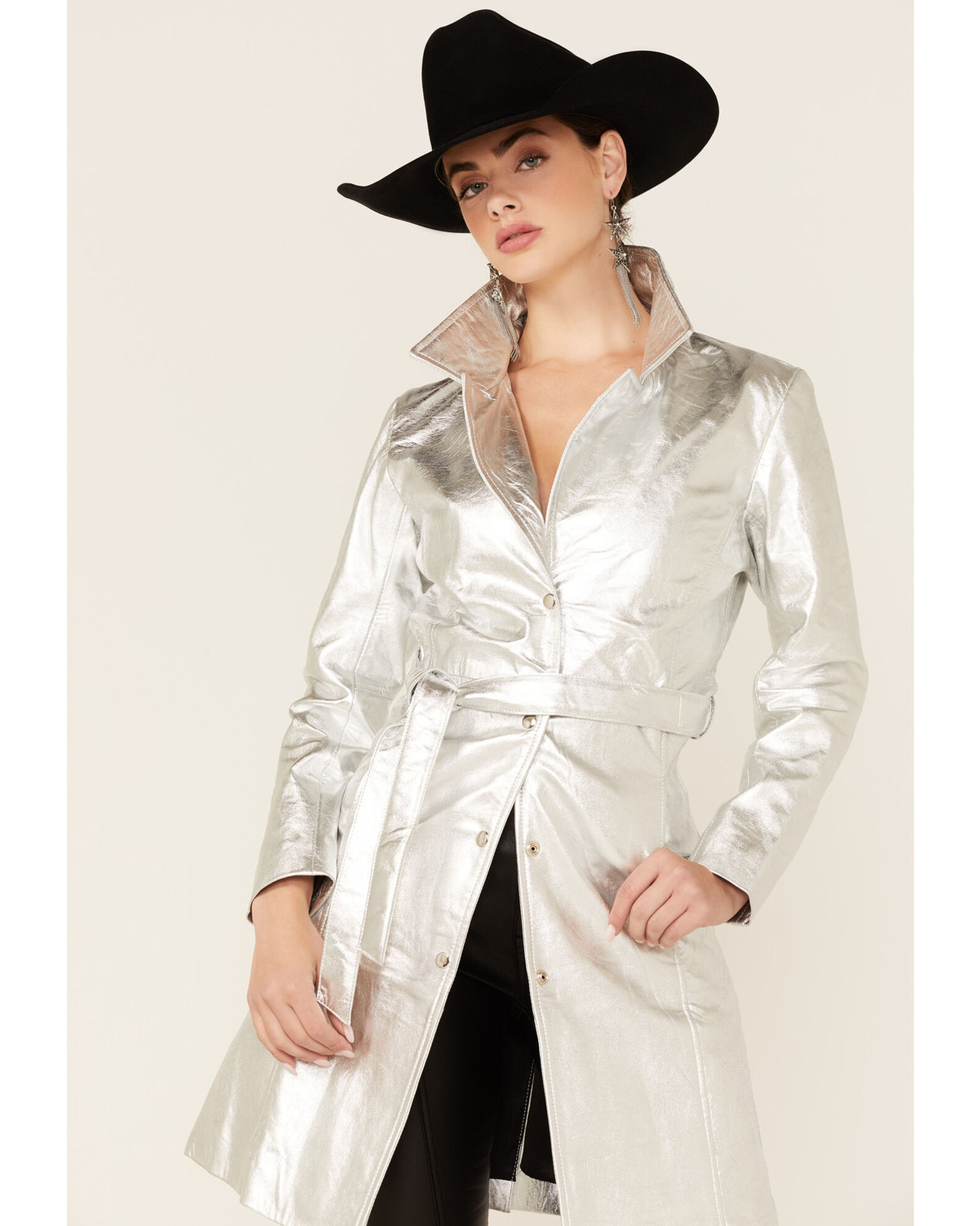 Understated Leather Women s Silver Metallic Moondust Trench Coat Sheplers