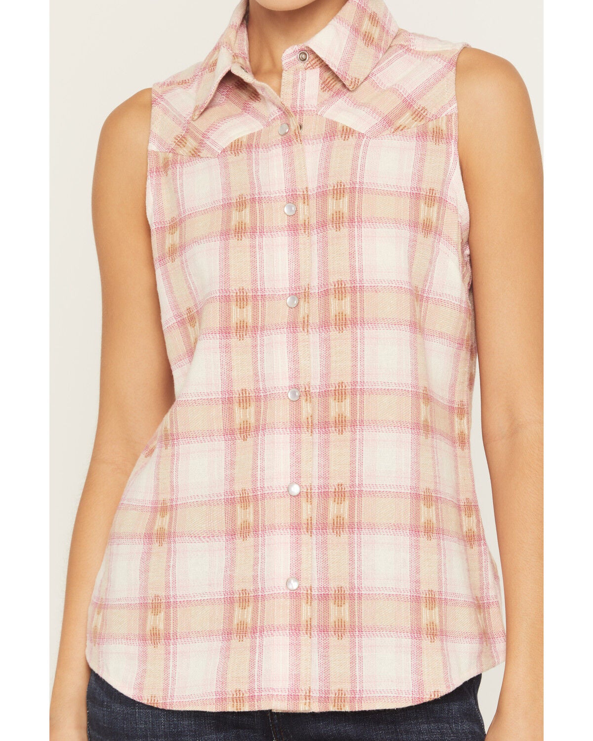 Image #4 - Idyllwind Women's Clementine Dobby Plaid Print Sleeveless Snap Western Shirt, Cream, hi-res