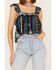 Band of the Free Women's Sleepless Nights Stripe Floral Print Ruffle Sleeveless Top, Navy, hi-res