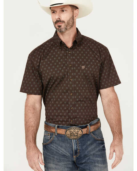 Image #1 - Rock & Roll Denim Men's Vintage 46 Geo Print Short Sleeve Button-Down Western Shirt, Brown, hi-res