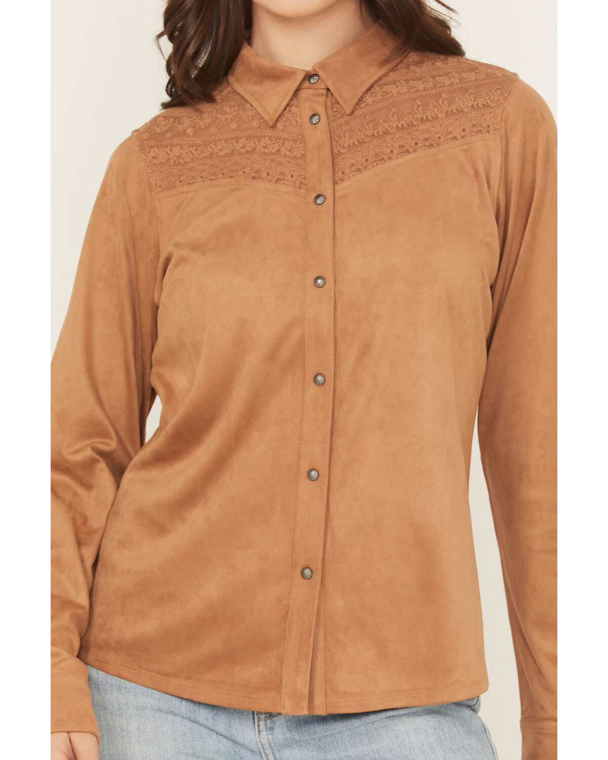 Image #3 - Shyanne Women's Faux Suede Lace Yoke Long Sleeve Button-Down Western Shirt, Tan, hi-res