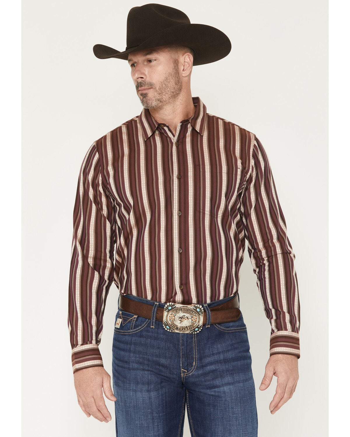 Image #1 - Gibson Trading Co Men's Zenith Striped Print Long Sleeve Button-Down Western Shirt, Purple, hi-res