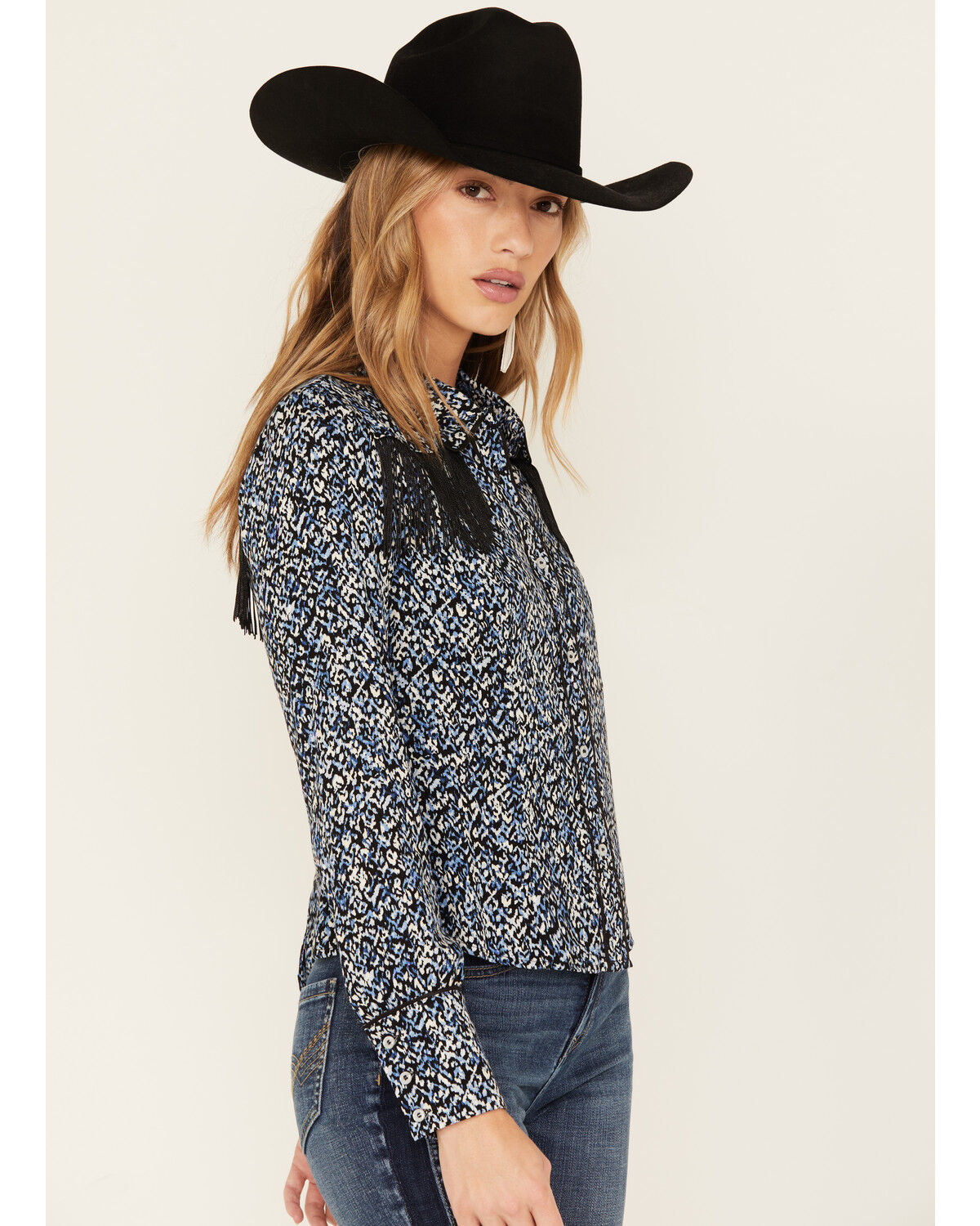 Image #2 - Idyllwind Women's Brooks Print Fringe Long Sleeve Button Down Shirt, Navy, hi-res