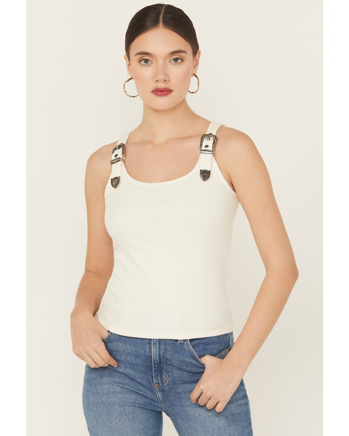 Image #2 - Idyllwind Women's Wylie Rib Knit Buckle Tank, Ivory, hi-res
