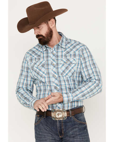 Wrangler Men's Dobby Plaid Print Long Sleeve Snap Western Shirt, Teal, hi-res