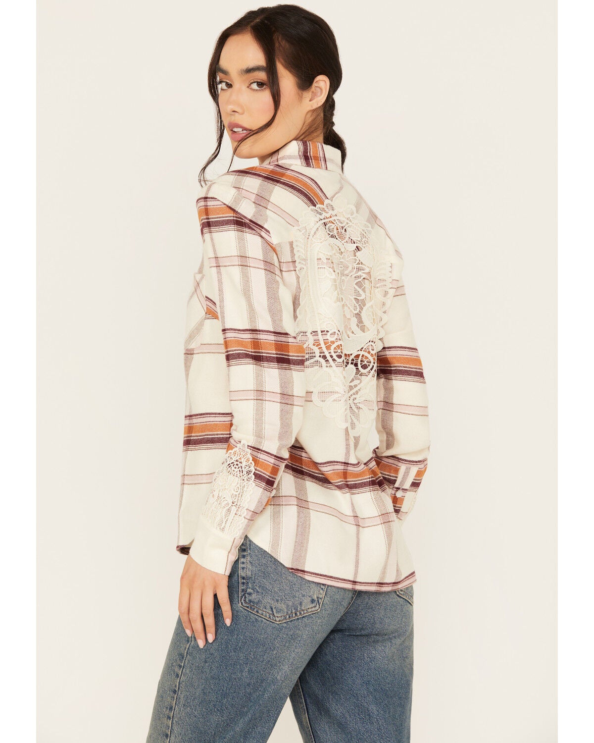Shyanne Women's Lace Applique Plaid Print Button-Down Flannel Shirt, Cream, hi-res