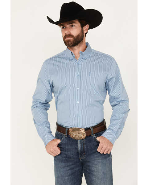 Image #1 - Cinch Men's Striped Long Sleeve Button-Down Western Shirt, Blue, hi-res