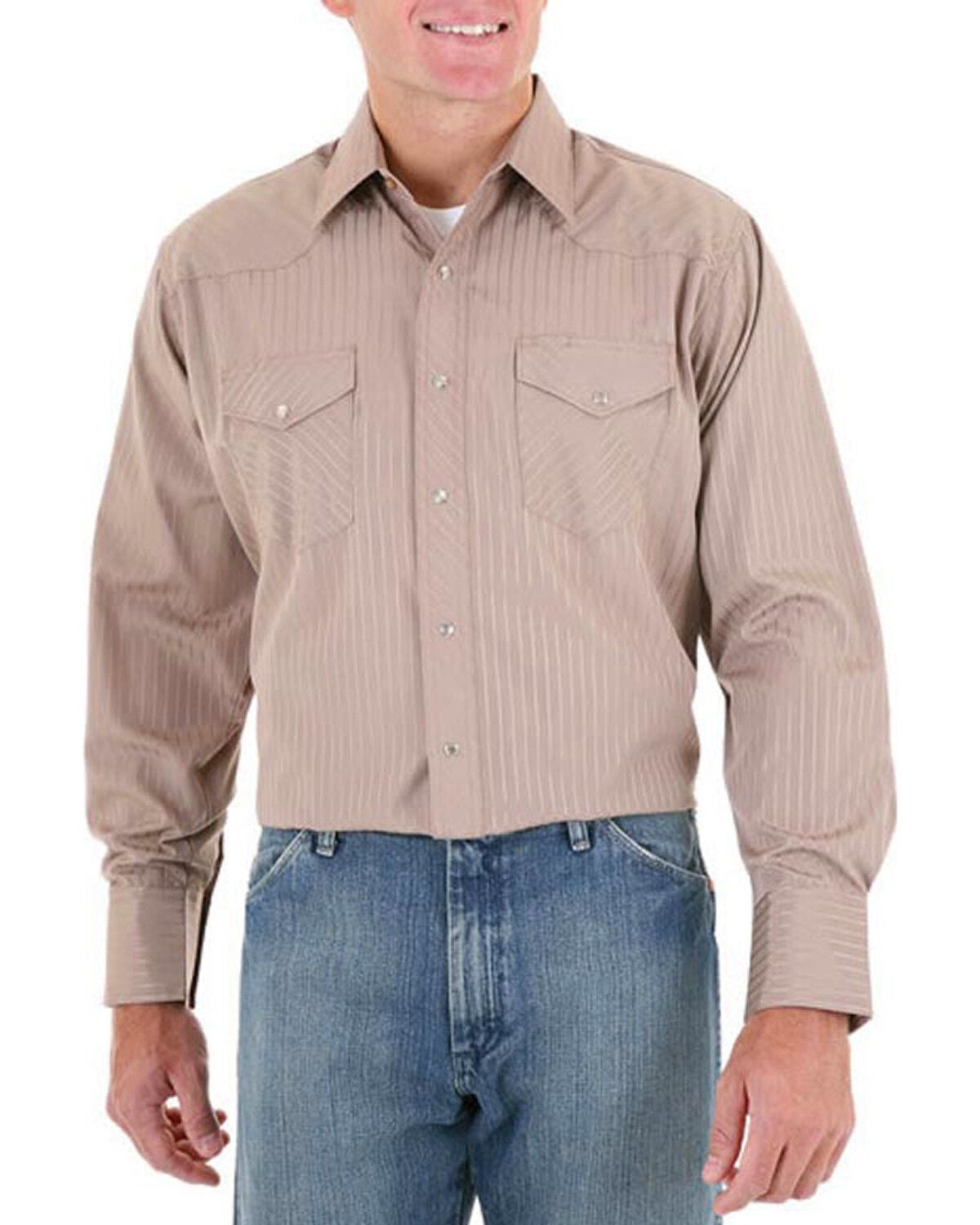 Wrangler Men's Sport Dobby Stripe Long Sleeve Snap Western Shirt, Beige/khaki, hi-res