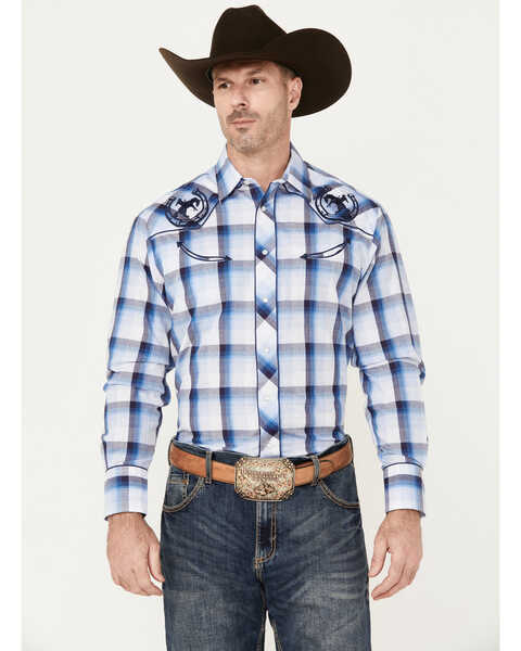 Image #1 - Roper Men's Embroidered Plaid Print Long Sleeve Pearl Snap Western Shirt, Blue, hi-res
