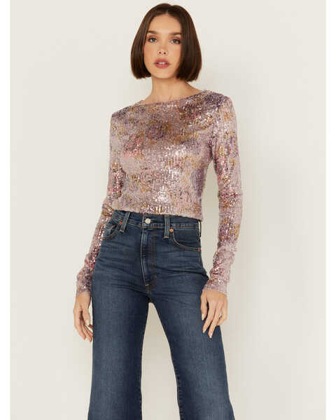 Image #1 - Free People Women's Gold Rush Printed Sequins Long Sleeve Top , Lavender, hi-res
