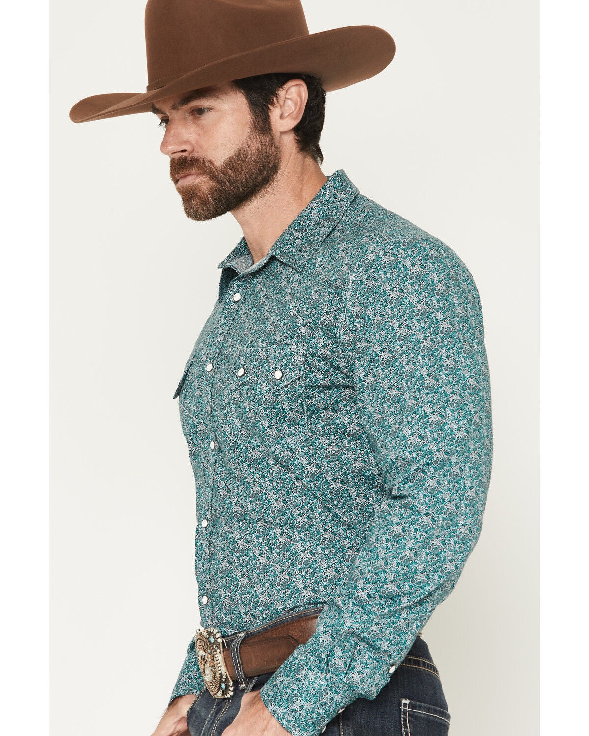 Image #2 - Rock & Roll Denim Men's Floral Print Long Sleeve Snap Stretch Western Shirt, Turquoise, hi-res