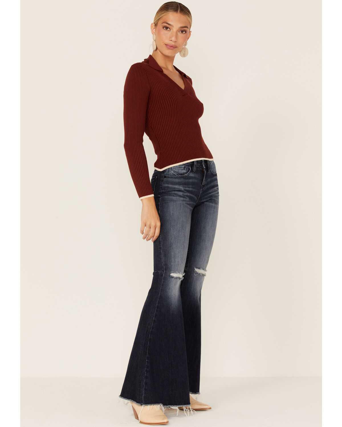 Image #4 - Shyanne Women's Chocolate Collared Ribbed Top, Chocolate, hi-res