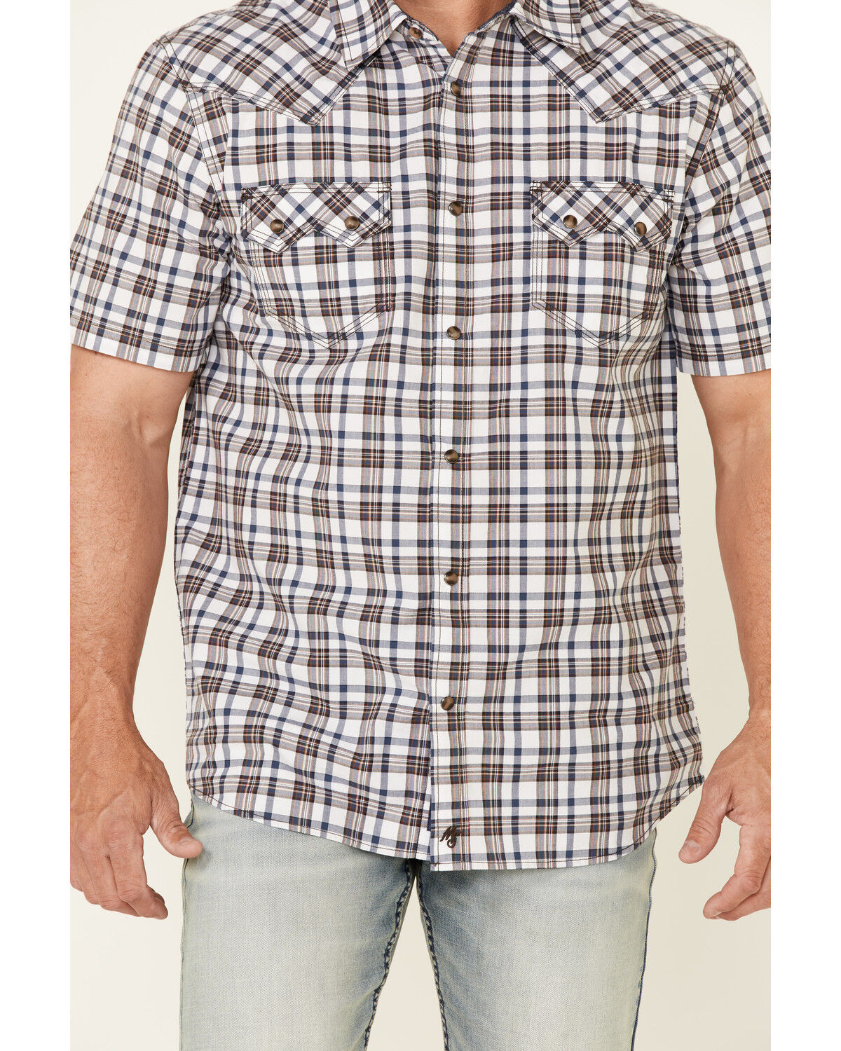 Image #3 - Moonshine Spirit Men's Fence Post Plaid Short Sleeve Snap Western Shirt, White, hi-res