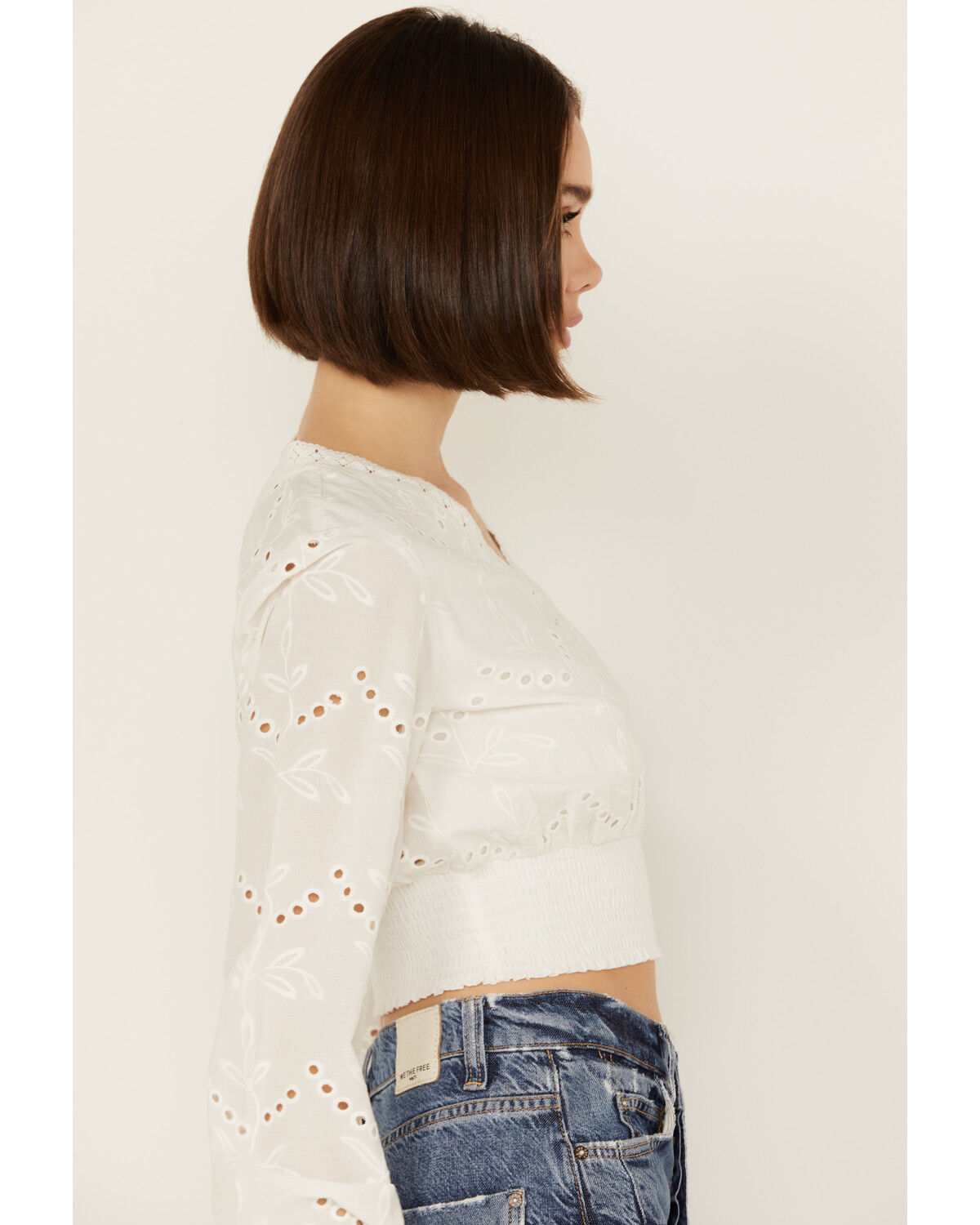 Image #2 - Shyanne Women's Smocked Waist Long Sleeve Crop Top, White, hi-res