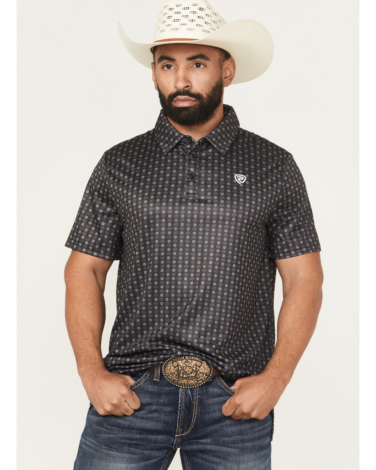Image #1 - Rock & Roll Denim Men's Geo Print Short Sleeve Button-Down Stretch Polo Shirt, Black, hi-res