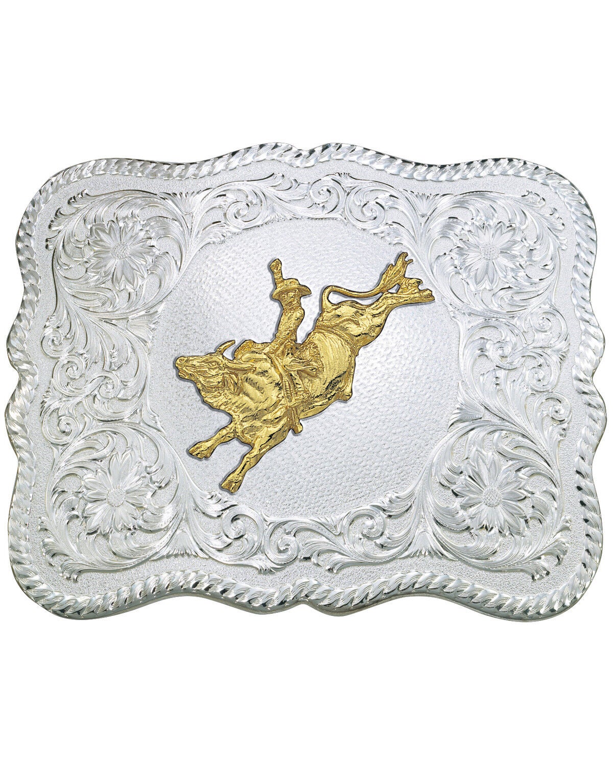 Montana Silversmiths Men's Scalloped Silver Bull Rider Western Belt Buckle, Multi, hi-res