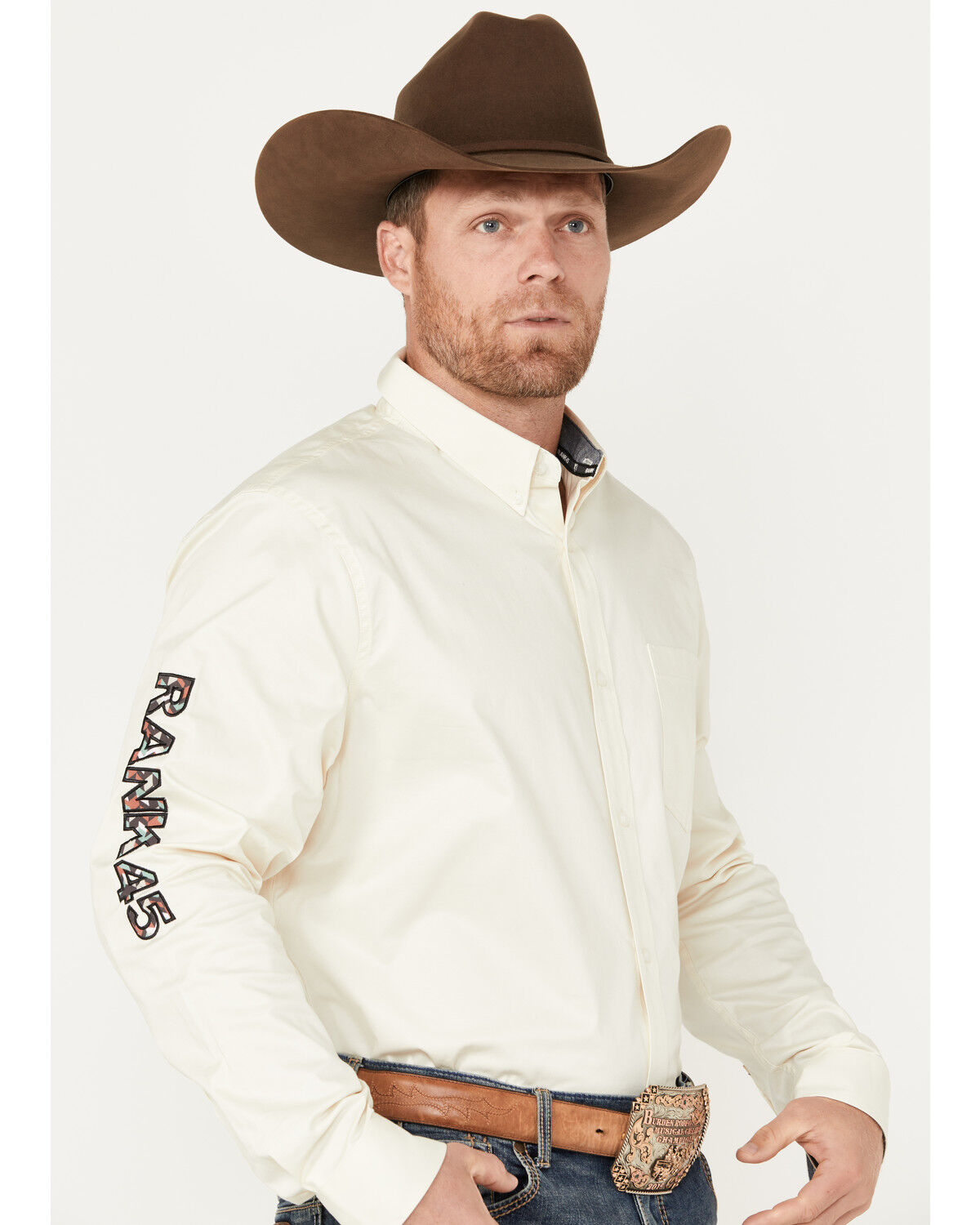 Image #2 - RANK 45® Men's Solid Twill Logo Long Sleeve Button-Down Western Shirt, Cream, hi-res
