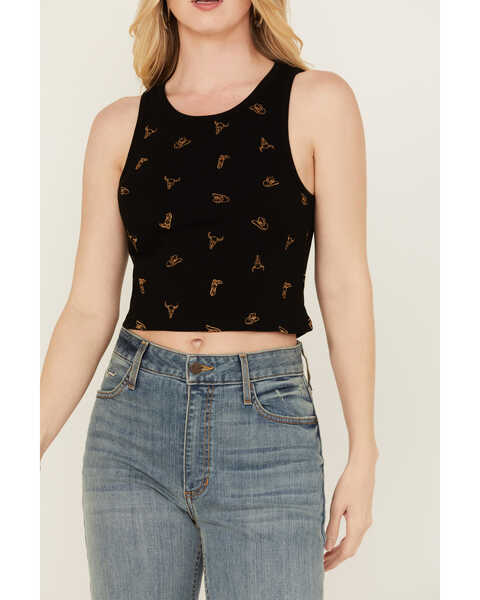 Image #3 - Discreture Women's Western Embroidered Cropped Tank, Black, hi-res