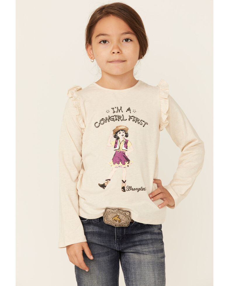 Wrangler Girls' Cowgirl First Long Sleeve T-Shirt, Oatmeal, hi-res