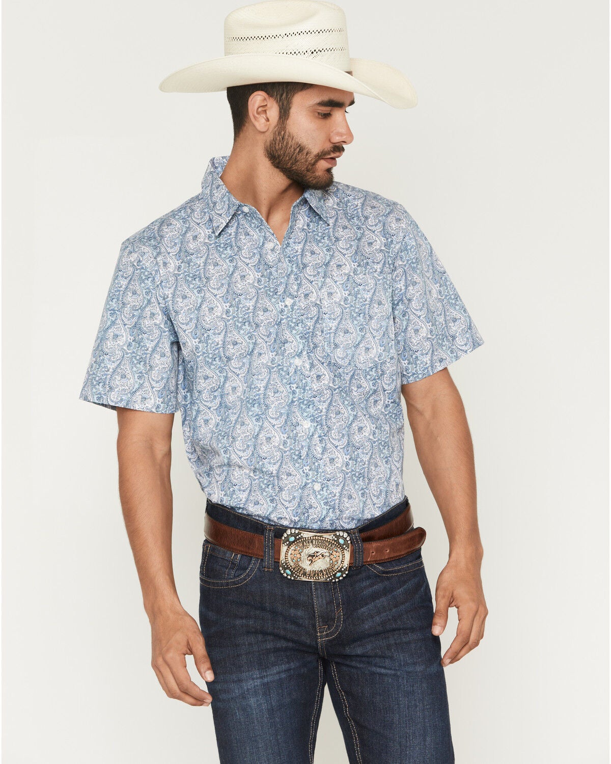 Image #1 - Gibson Trading Co Men's Kickin Daisies Paisley Print Short Sleeve Button-Down Western Shirt, Blue, hi-res
