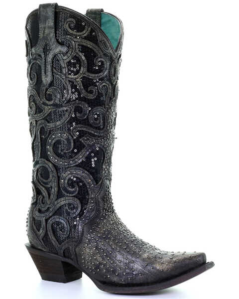 Image #1 - Corral Women's Black Overlay Studded Western Boots - Snip Toe, Black, hi-res