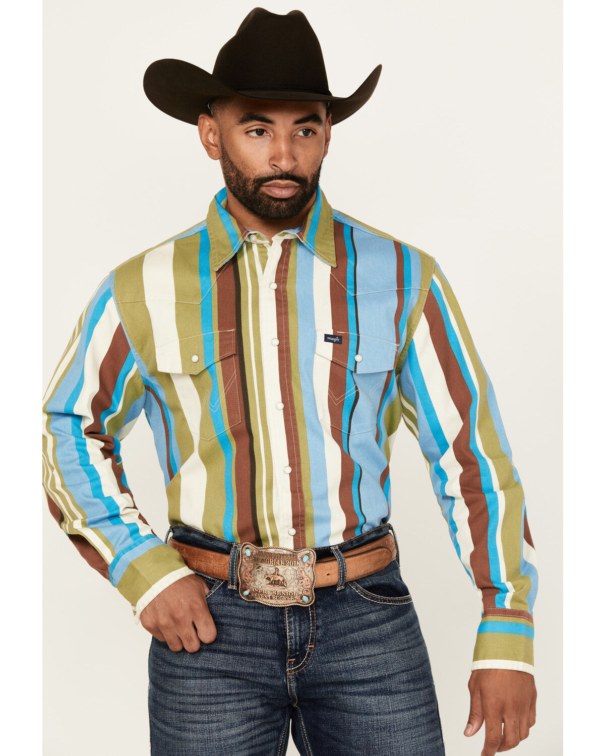 Image #1 - Wrangler Men's Vintage Brushpopper Striped Long Sleeve Snap Western Shirt, Multi, hi-res
