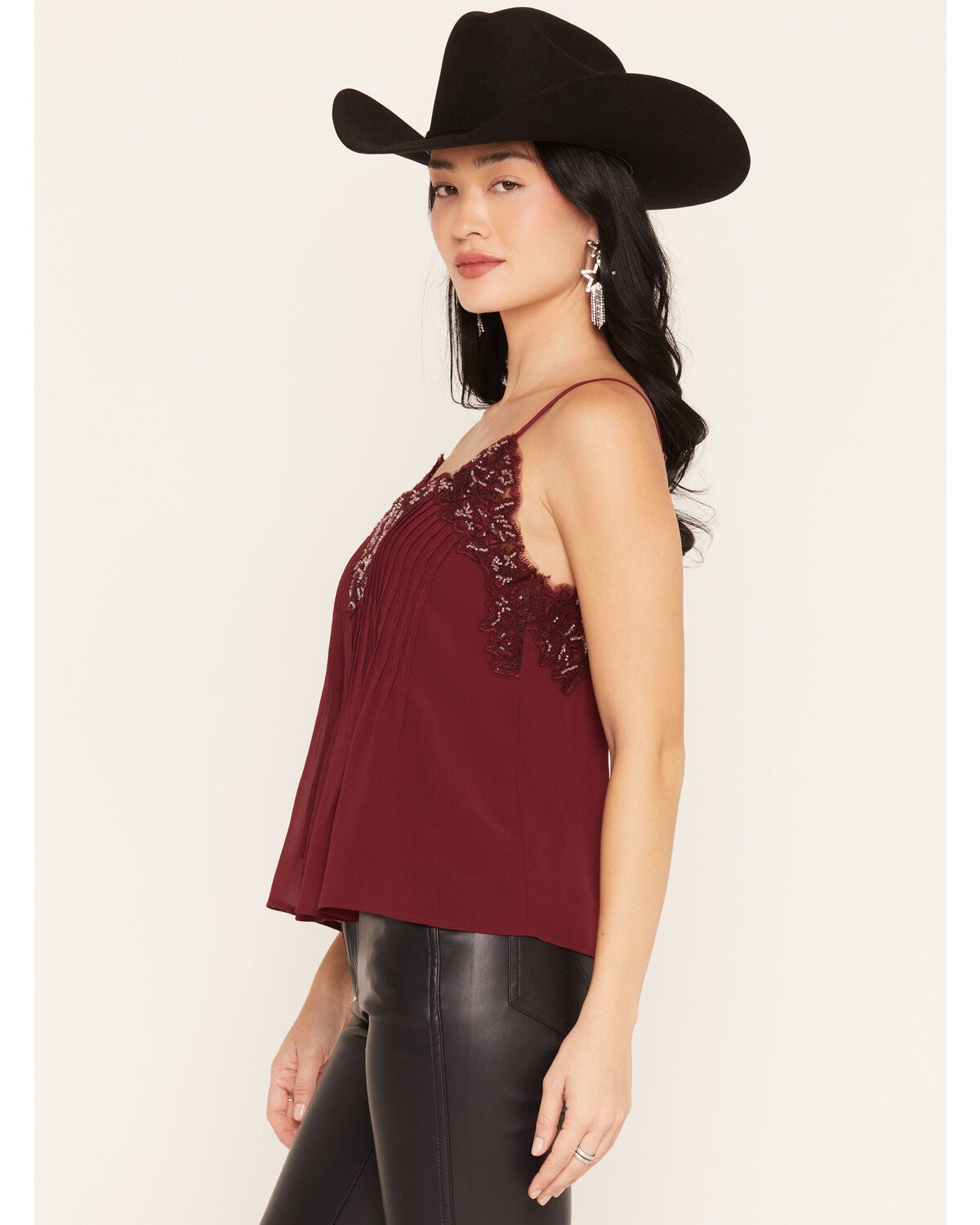 Image #2 - Miss Me Women's Sleeveless Embellished Pintuck Cami, Red, hi-res