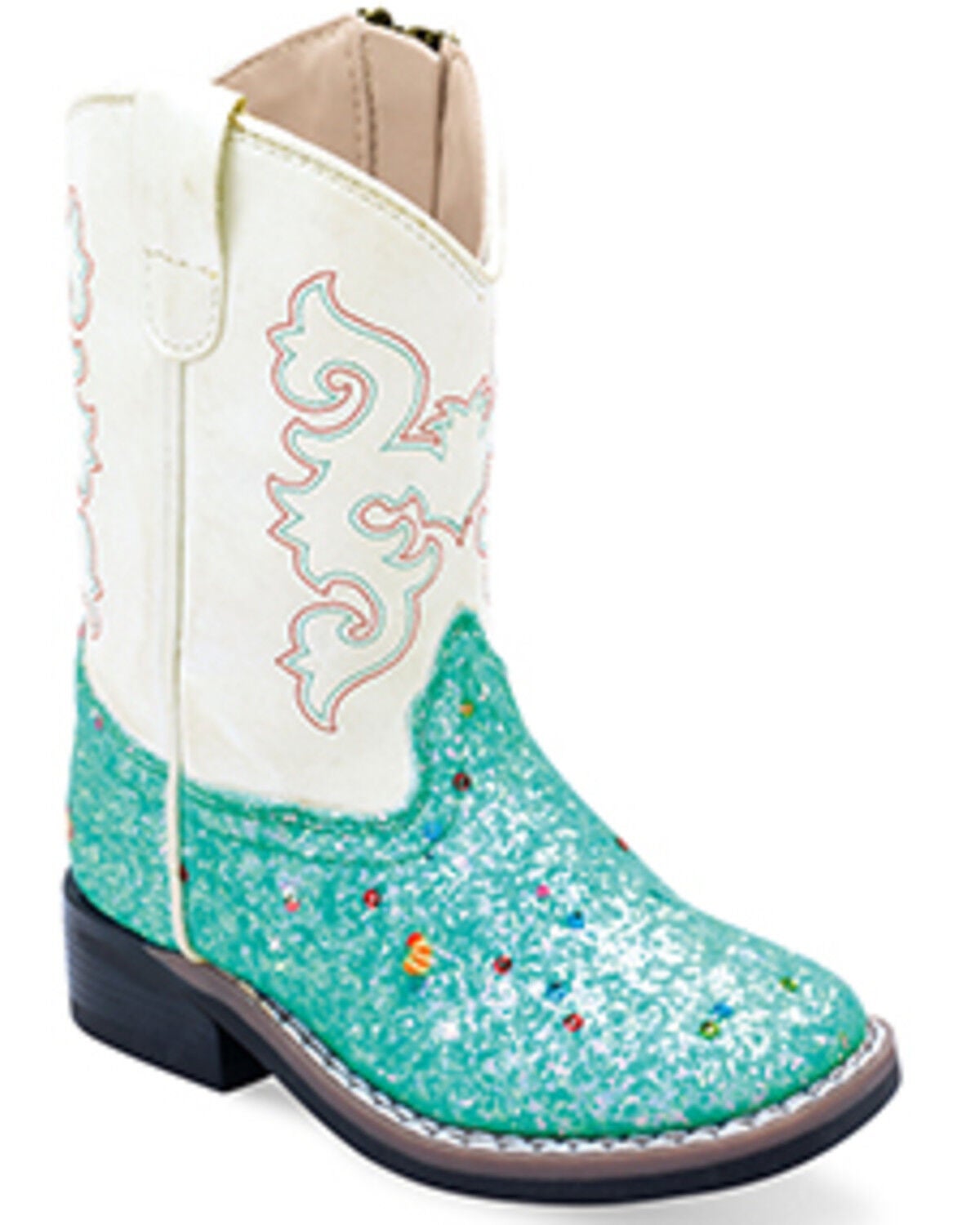 Old West Toddler Girls' Glitter Western Boots - Broad Square Toe, White, hi-res