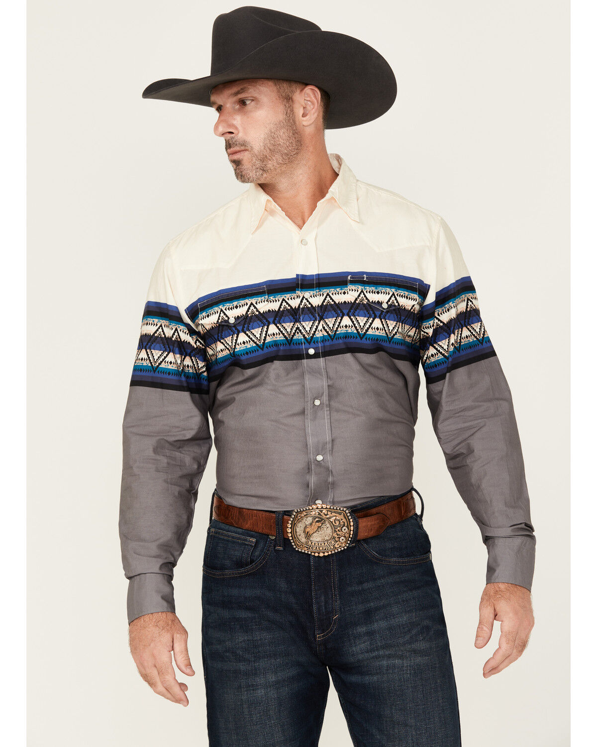 Image #1 - Roper Men's Vintage Southwestern Border Long Sleeve Pearl Snap Western Shirt, Blue, hi-res